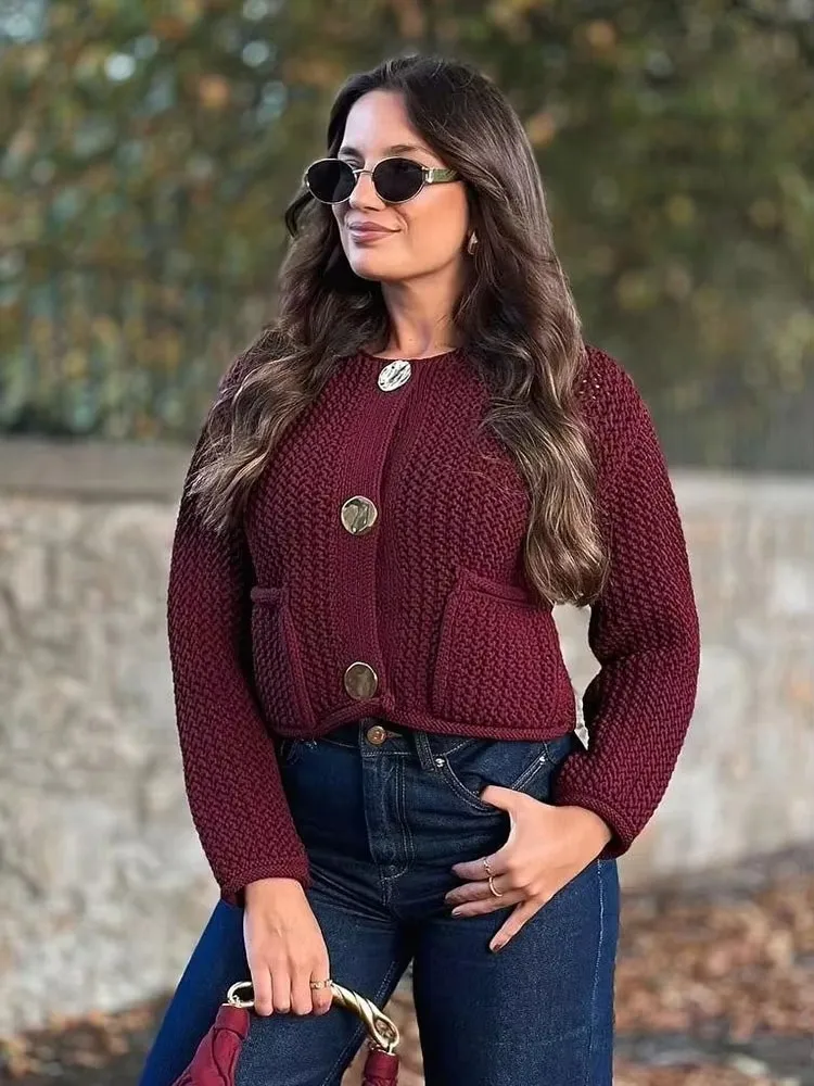 HH Autumn Women Metal Buttons Sweater O Neck Long Sleeve Knitted Cardigan With Pockets Casual Maternity Outfit Outerwear Top