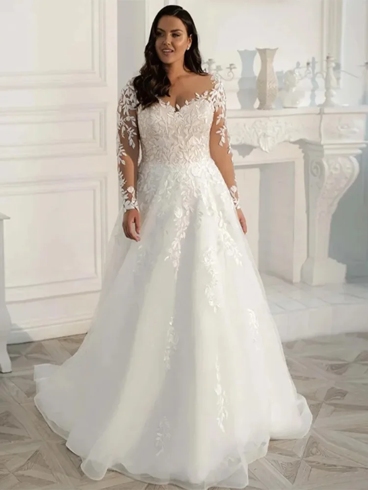 

Plus Size Sheer V-neck Wedding Dress Long Sleeves Lace Tulle Applique A-Line Boho Bridal Gown 2023 Custom Made robe de mariée