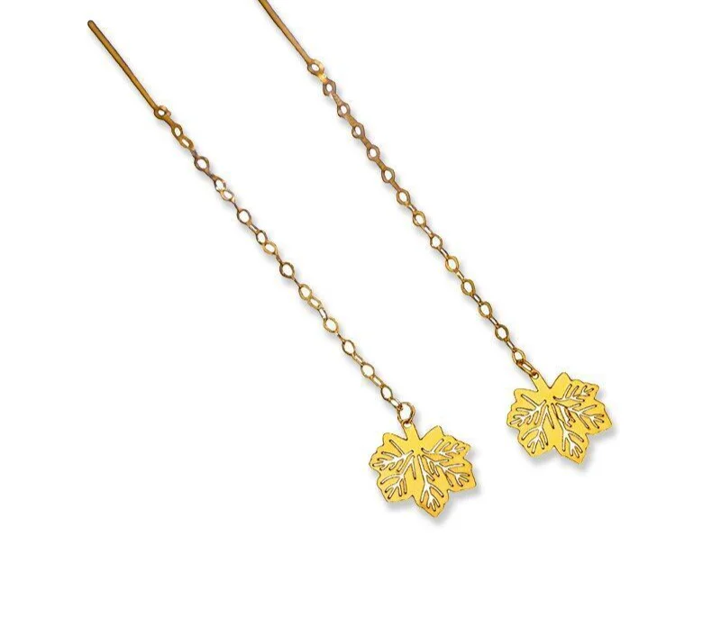 

Real 18k Gold Maple Leaf Soild Tassel Drop Earrings for Women Gifts Fine Jewelry