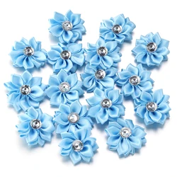 Elegant Handmade Satin Ribbon Flowers with Rhinestone Accents - Set of 20 Decorative Pieces for Clothing and Crafting (Light Blue)