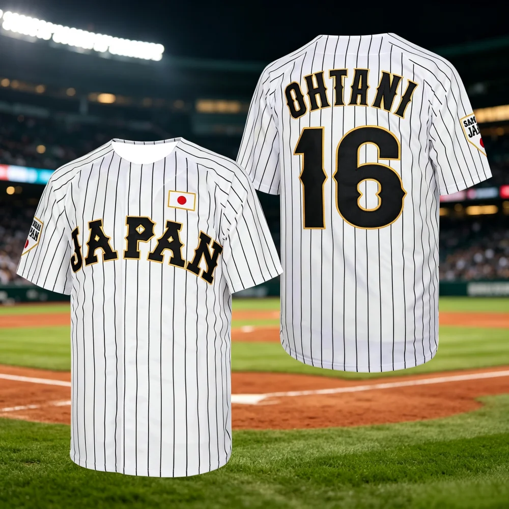 Herren Japan Samurai Baseball Trikot Ohtani Nummer 16 Kurzarm Weiß-Schwarz Gestreiftes Baseball-Shirt Sport-Fan Familien-Kinder-T-Shirts