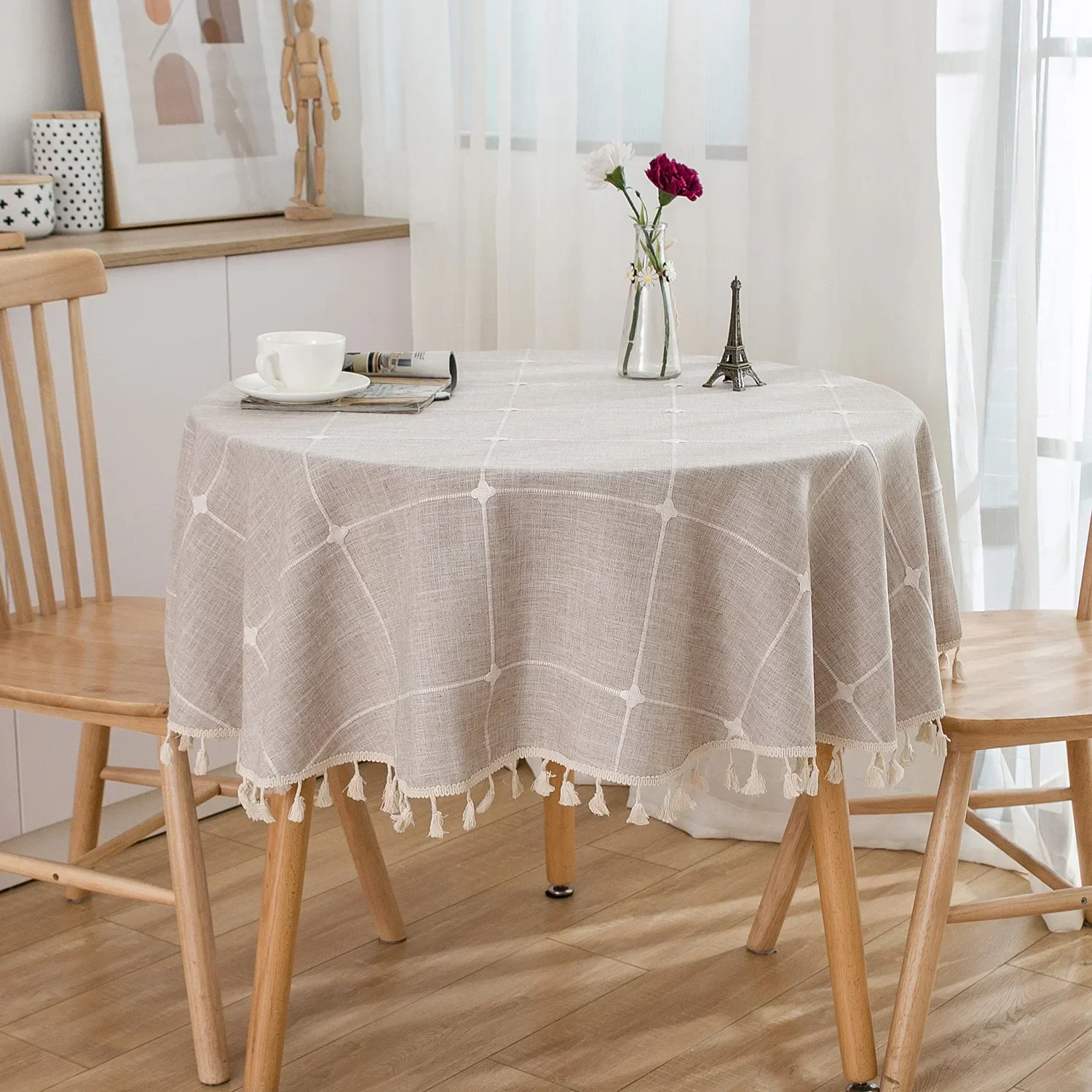 Solid Embroidery Lattice Tablecloth Cotton Linen Dust-Proof Checkered Table Cover For Kitchen Dinning Tabletop Decoration 2