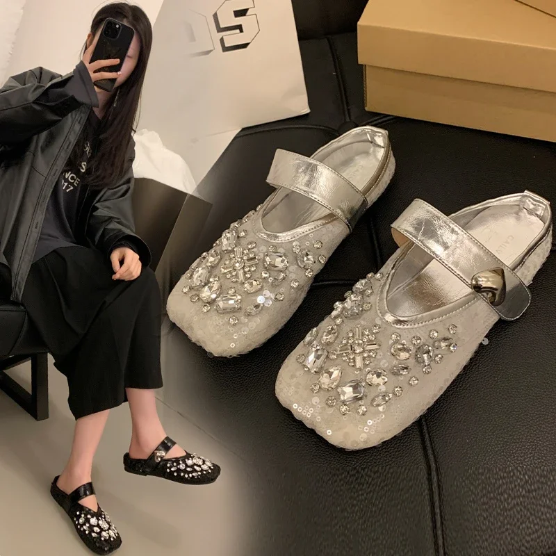 

Тапочки с квадратным носком для женщин, модные сандалии Мэри Джейн с инкрустированными бриллиантами, летняя одежда, сандалии для женщин