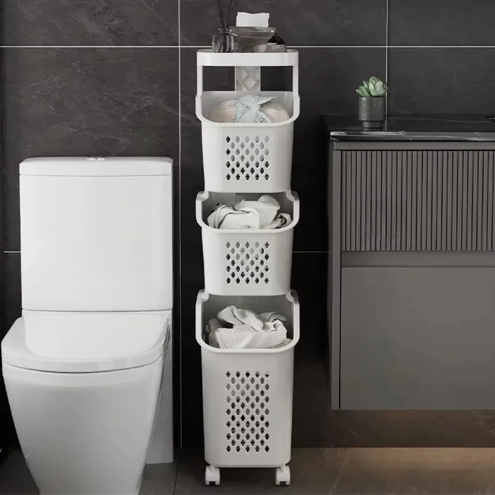 Multilayer Laundry Storage Rack Basket Organizer Bathroom Dirty Clothes Shelf Multifunctional with Wheels Rolling Laundry Basket