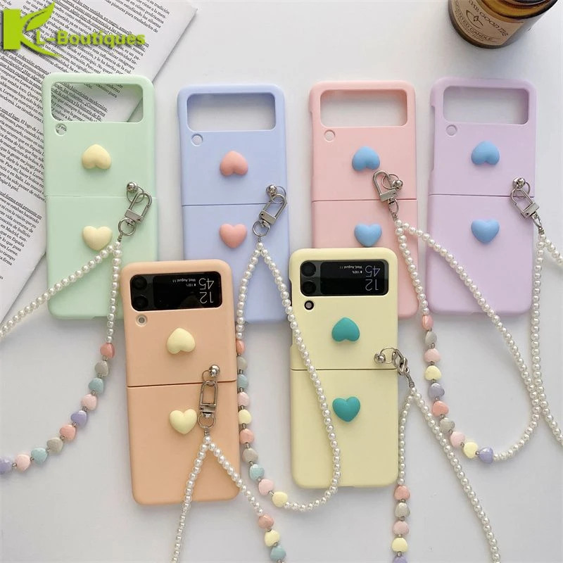 samsung galaxy z flip 3 5g case For Samsung Galaxy Z Flip3 5G Case Fake Pearl Bracelet Love Heart Phone Case for Samsung Z Flip 3 ZFlip 3 Flip3 5G SM-F711 Cover case for samsung z flip 3