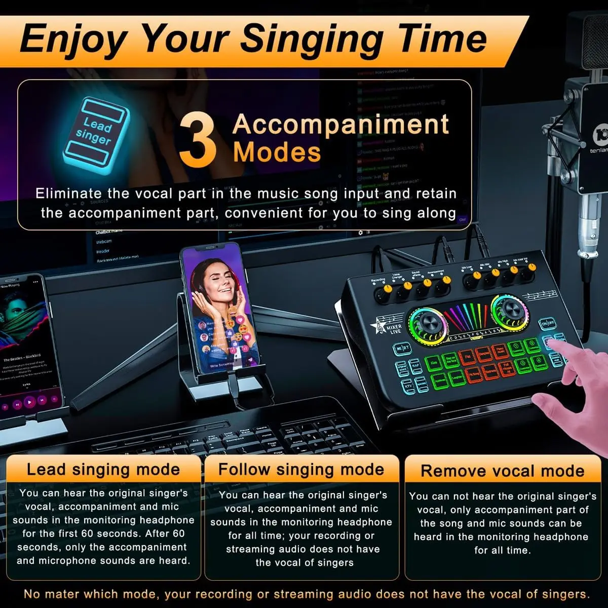 Sound Card Audio Interface Audio Mixer Gaming Audio Mixer Streaming Mixer with Audio Interface BT Sound Board Voice Changer Sound Card for PC Phone Live Streaming