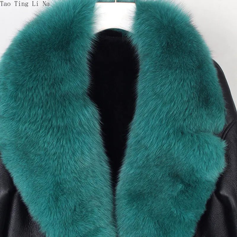 2023 Women New Quality Leather with Fur Genuine Fox Fur Collar Sheep Leather Motorcycle Coat H4