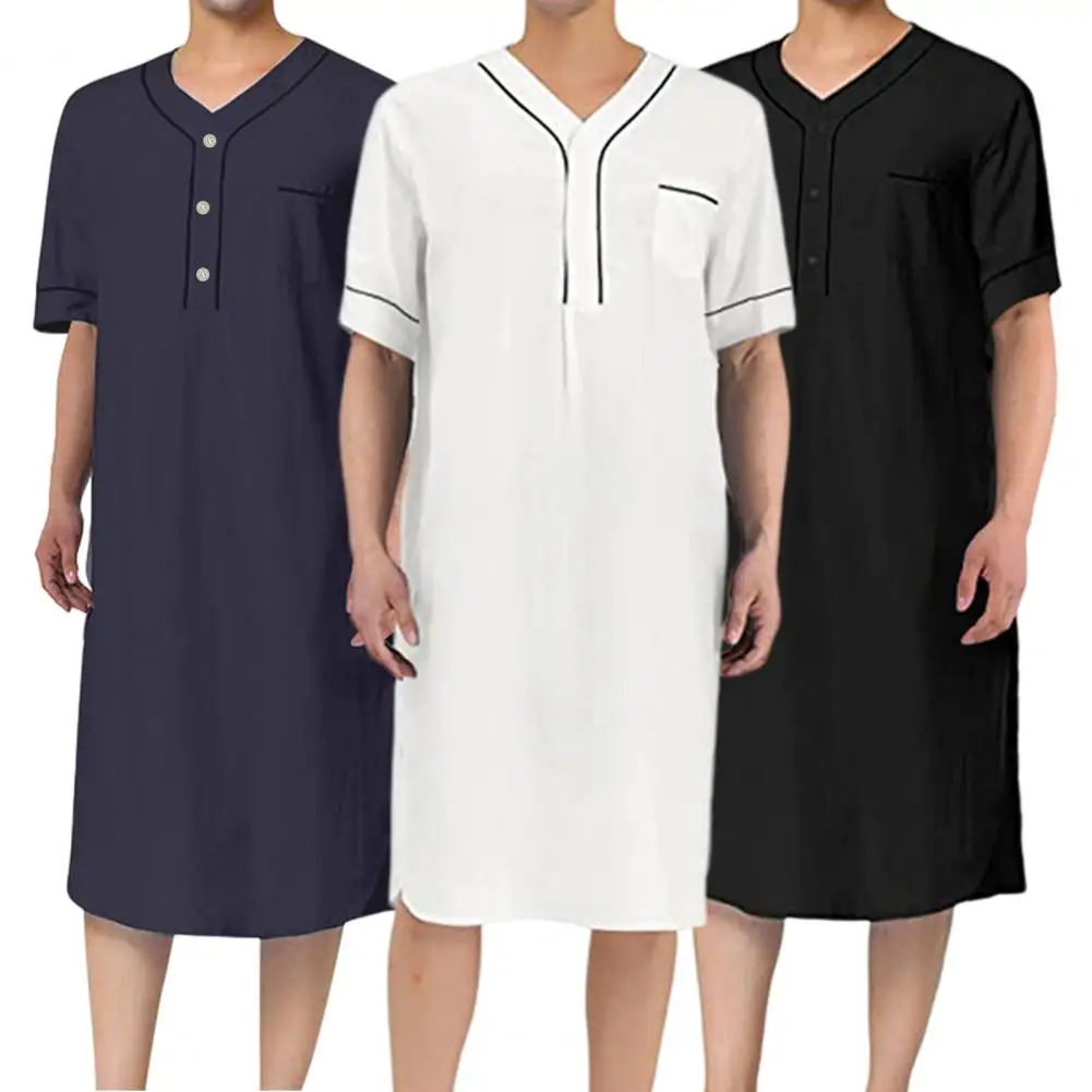 

V-neck Nightgown Men Nightgown Men's V-neck Short Sleeve Nightgown with Patch Pocket Solid Color Mid-calf for Leisure for Men