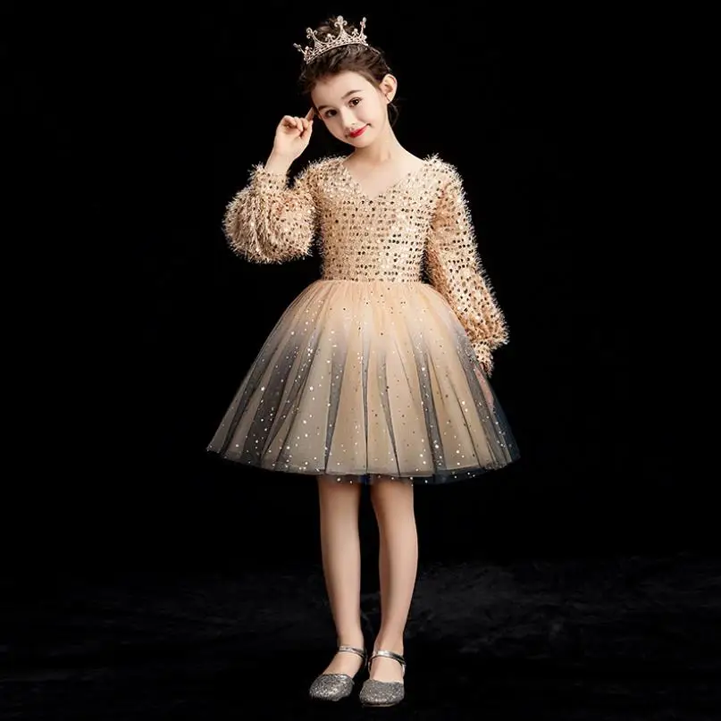 

Baby girls clothes V-neck Sequined Flower Girl Dress Wedding Lantern Sleeve Ball Gown Kids Pageant Birthday Princess Dress Y695