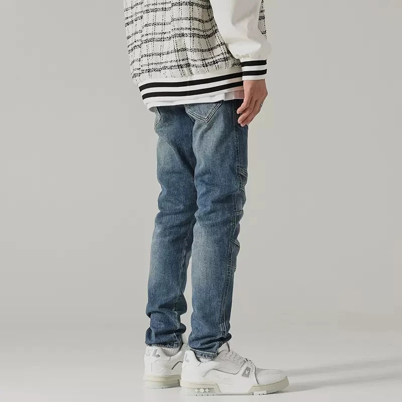 Fashion Streetwear Men Jeans Retro Blue Elastic Slim Fit Spliced Biker Jeans Men Zipper Patched Designer Hip Hop Pants Hombre
