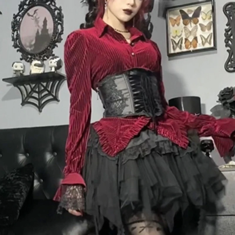 Goth Dark-Camisa feminina elegante listrada de veludo, blusa vintage, bainha de babados, botão fino para cima, manga comprida, pano moda outono
