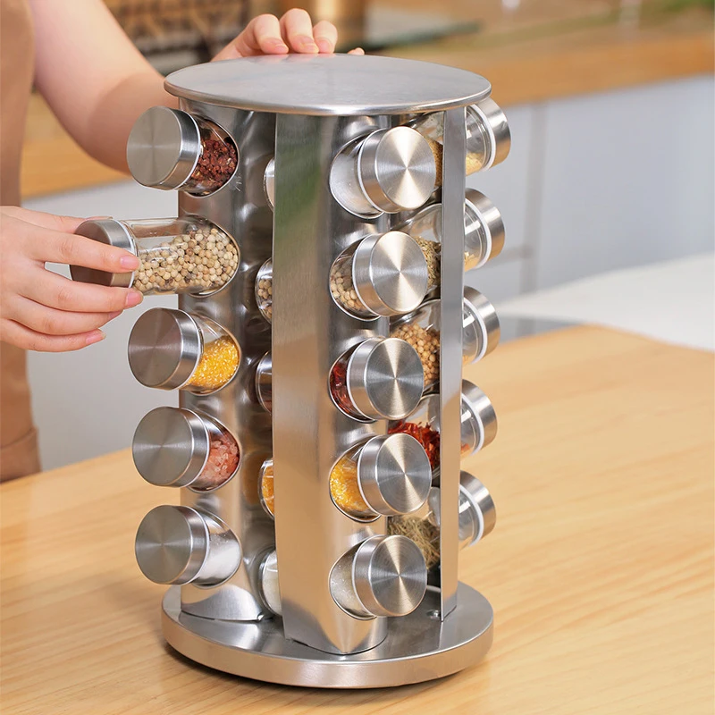12/16/20 Jars Rotating Spice Rack Stainless Steel Glass Seasoning Bottles Stand Holder Kitchen Flavor Container Organizer | Дом и сад