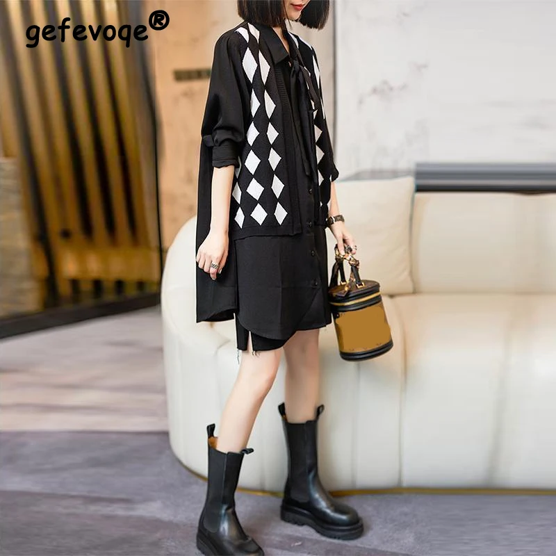 Women's Clothing Argyle Knit Vest Patchwork Shirt Fashion Oversized Streetwear Long Sleeve Tunic Blouse Bow Chic Tops Y2K Blusas