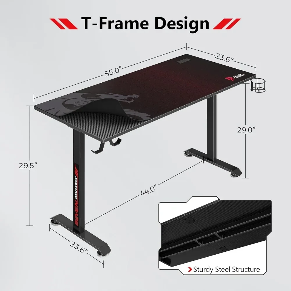 "55" t-shaped carbon fiber gaming desk with integrated mouse pad, headphone holder, and usb storage rack
