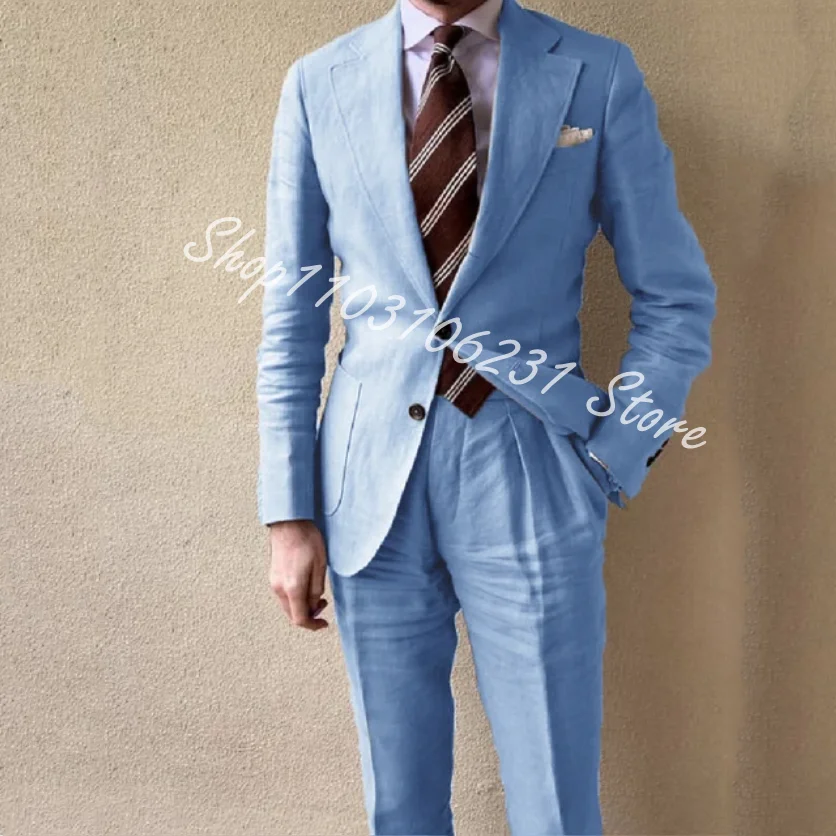 White Linen Men Suits 2-piece Elegant Groom Wedding Tuxedos Jacket Pants Customized Formal Suits Blazer Trajes De Hombre