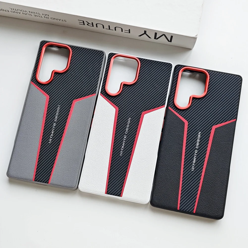 Enhanced Red Spliced Carbon Fiber Leather Phone Case with Camera Protection