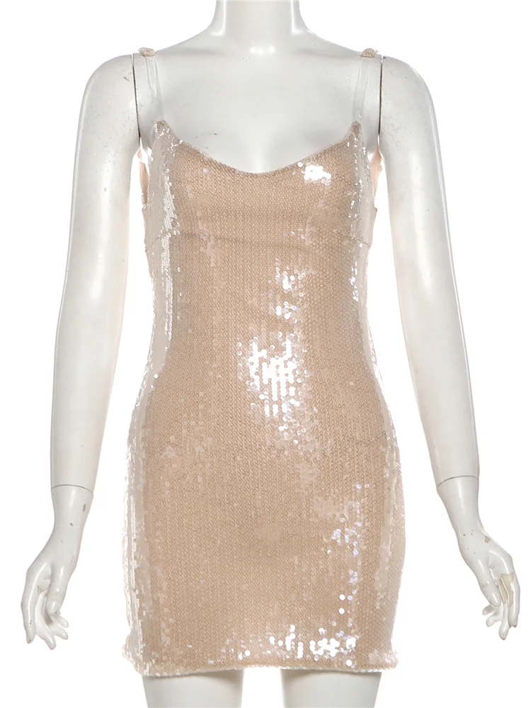 Nibber Backless Low Chest Sexy Sequined Slip Dress Women Hottie Mini Peach Hip Beach Vacation Street Stretch Skinny Clubwear