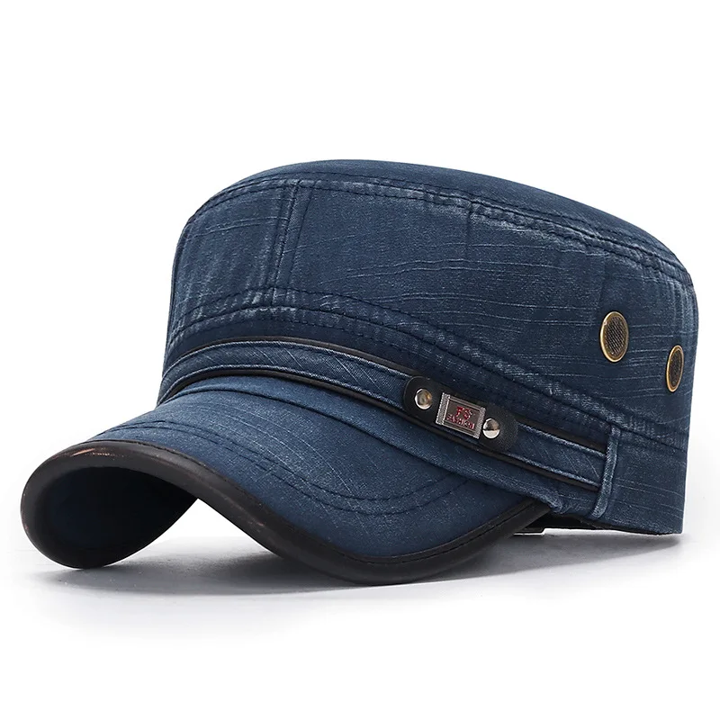 Cotton Flat Cap Men's Women's Slub Distressed Leather Trim Retro Baseball Cap Sun Visor Unisex One Size Fits All