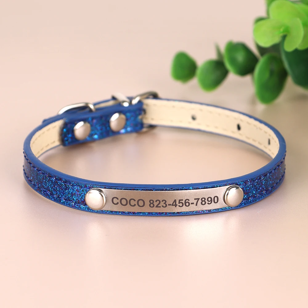 Custom Bling Leather Cat Collar with Engraved ID Nameplate for Cats & Small Dogs