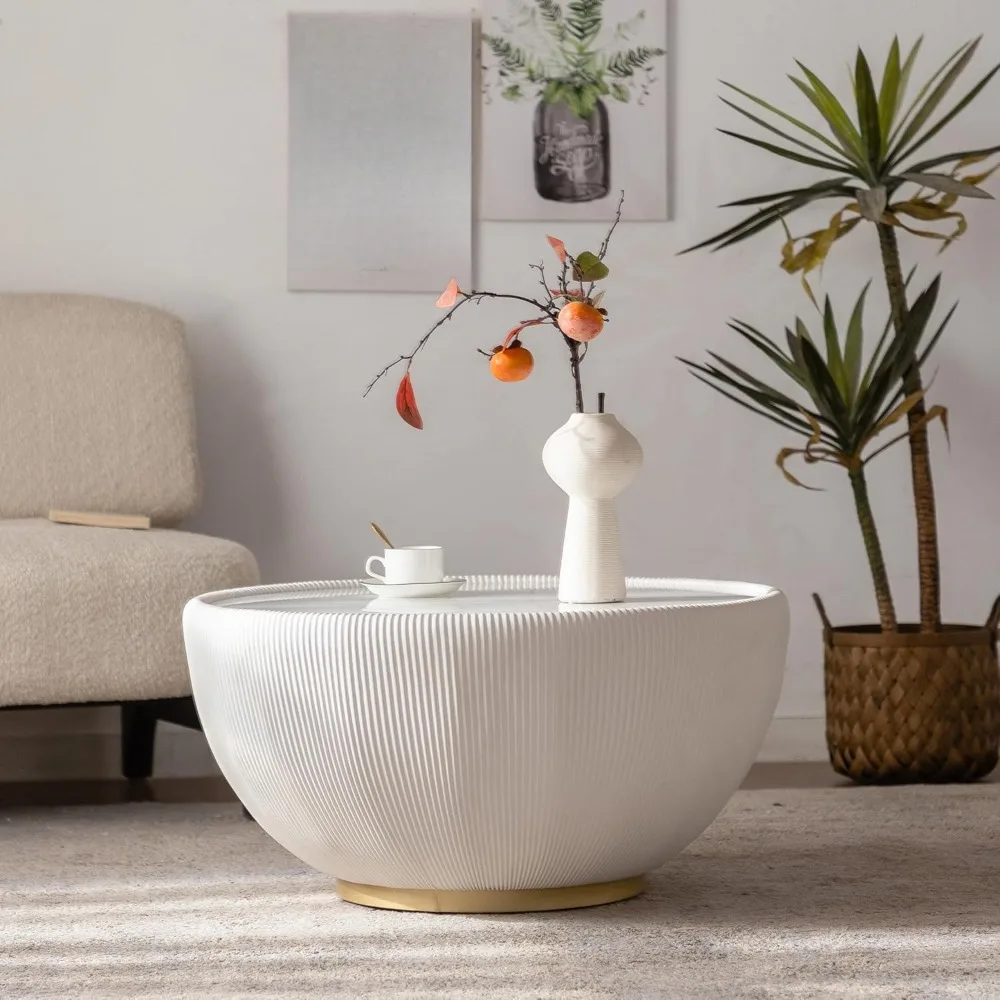 29.53" Round Coffee Table, Modern Coffee Table with Decorative Vertical Texture, 29.53 inch Bowl White Coffee Table Center Table 2