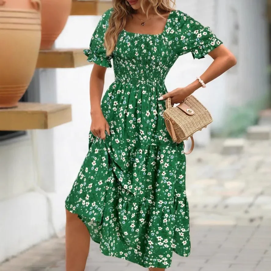 2025 New Women's Printed Dress Square Collar Bubble Sleeve Empire Waist Midi Dress Short Sleeve Cross-Border Independent Station 4