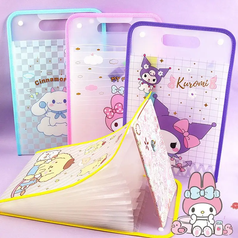 

Sanrio Folder Kuromi Accessories Cute Anime Kawaii Student Exam Paper Folder 12 Layers Organizer A4 Portable Toys for Girls Gift