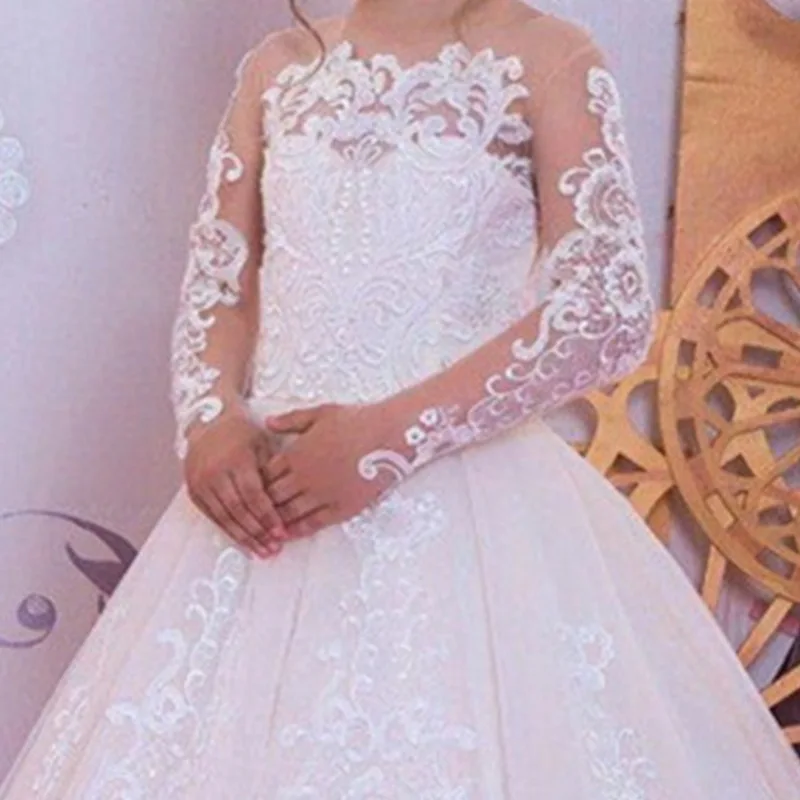 Children's Wedding Long Sleeved Trailing Lace Female Birthday Performance Long Fluffy Princess Flower Girl Dresses