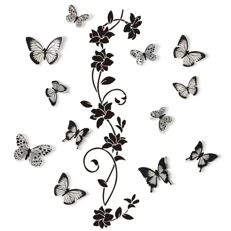 Black Flower Vine 3D Butterfly Wall Sticker 2