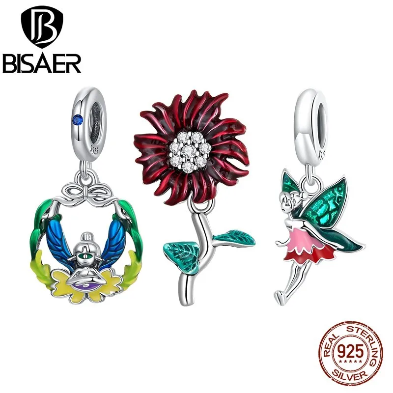 BISAER  참, 행운의 데이지 플라워 펜던트, 엘프 펜던트, 꿀벌 비즈 핏,..