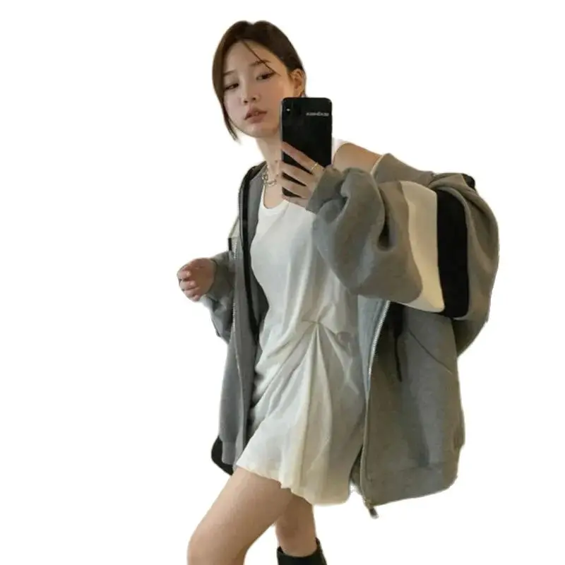 Cardigan Gray Hoodie Woman 2023 Spring Autumn New thin Korean Version of Loose Retro Chic Port Taste Hooded Top Coat Solid Color