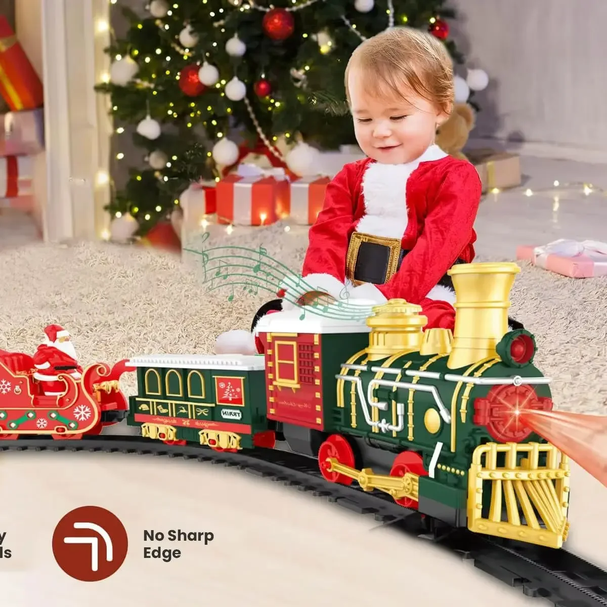 Christmas Electric Railway Set with Santa Sleigh Classical Train Rail Track Set Locomotive Playset Classic Train Toy Sound Gifts