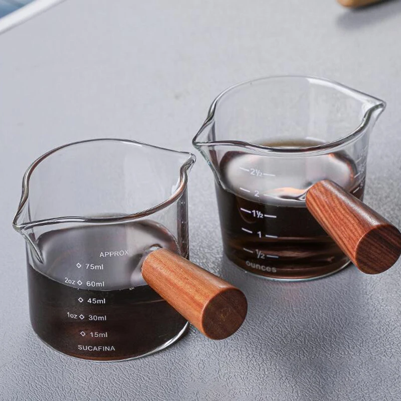 Milk Cup Espresso Shot Glass With Scale Espresso Measuring Cups With Wooden Handle Double Spouts Measuring Triple Pitcher