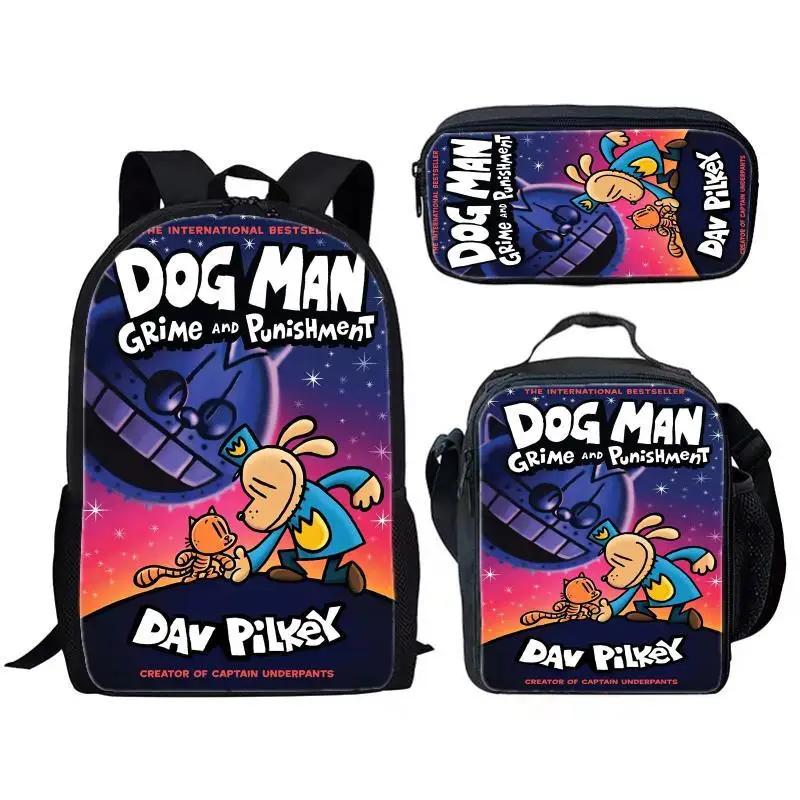 Dog Man Detective Dog Three Piece Set for Children and Elementary School Students, Large Capacity Backpack, Meal Bag, Pen Bag 6