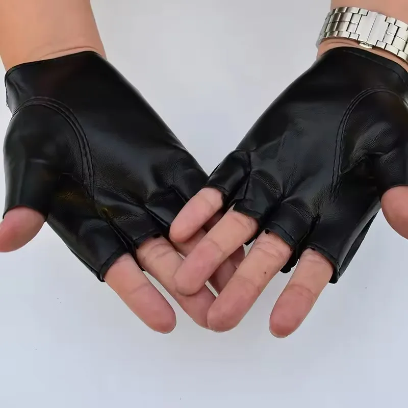 Punk Dark Style Street Dance Halbfinger-Handschuhe für Herren, PU-weiches Leder, Motorrad-Reithandschuhe, trendige, atmungsaktive, coole Handschuhe – Detail 3