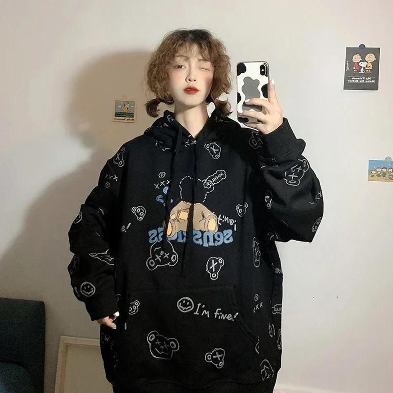 Cartoon Teddy Bear Hooded Sweatshirts Women Spring Autumn Warm Loose Casual Hoodies with Big Pocket New Cotton Leisure Pullovers