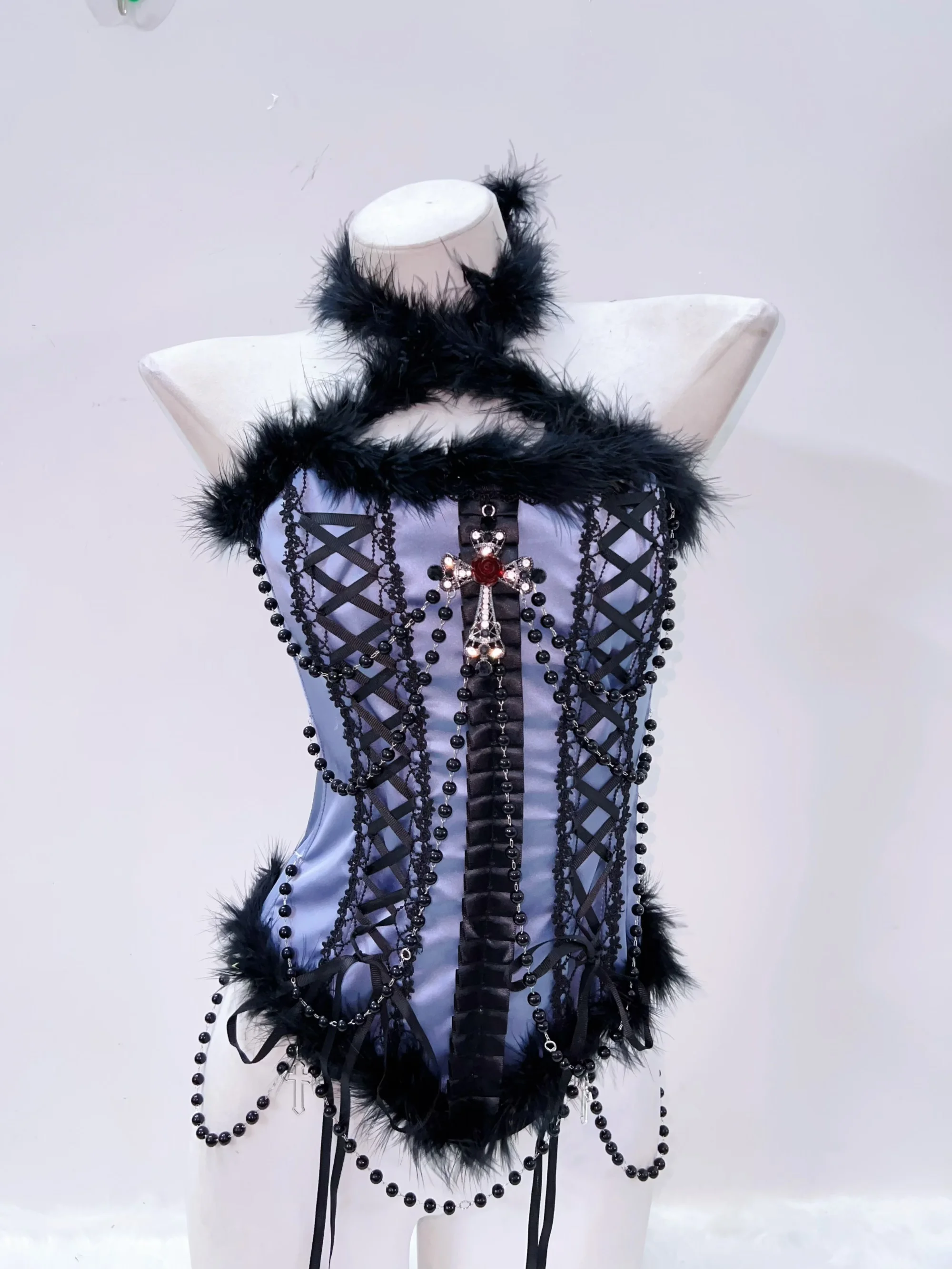 Feather Trim Faux Pearl Bustier Top 3