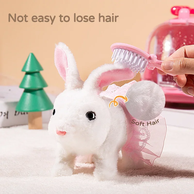Children electric simulation bunny plush toy girl pet Cute white rabbit doll With Sound Animal DIY Change Clothes Game for kids 4