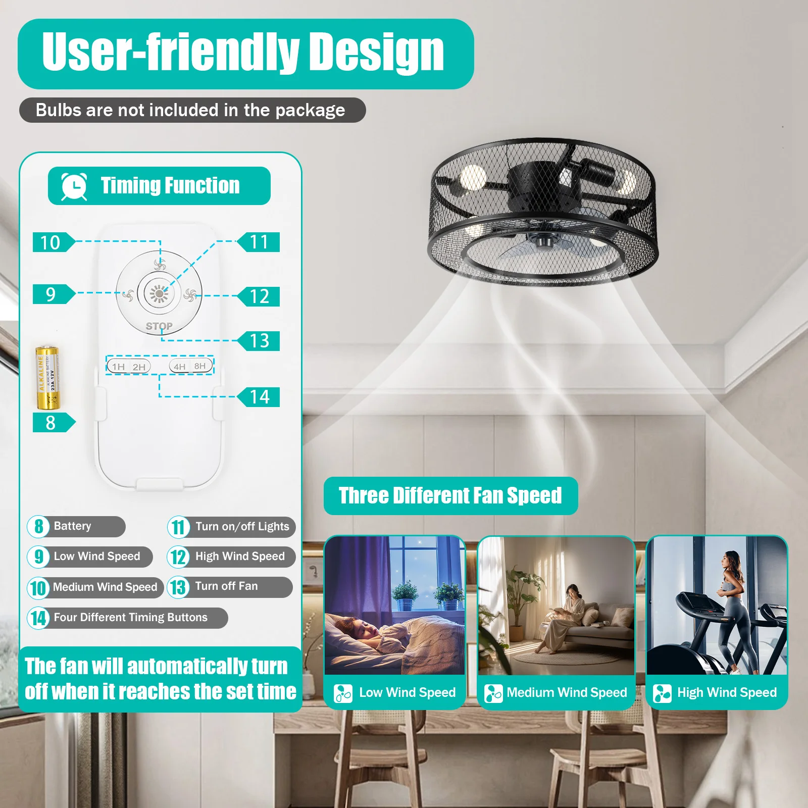 3 Blades 45cm/18inch Remote Control Ceiling Fan with Caged Light Vintage Industrial Style Applicable for 107.6-161.5ft&sup2; Area
