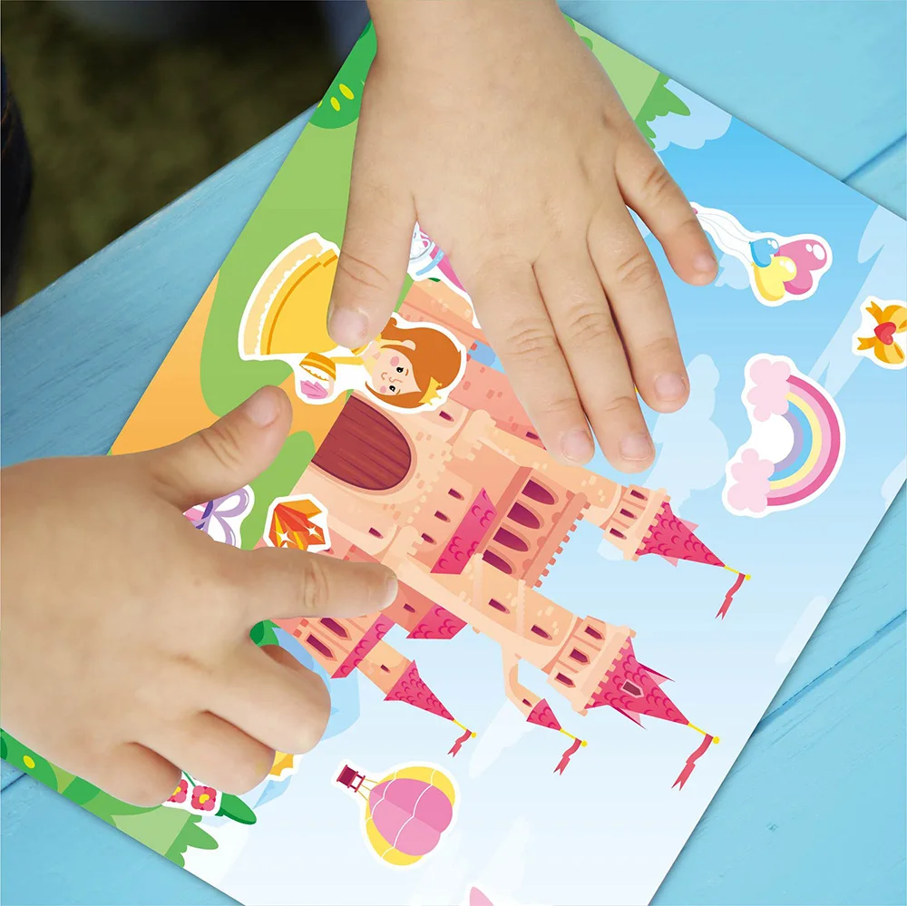 스티커 활동북 테마로 자신만의 재미있는 농장, 성, 동물원, 귀여운 동물, 공주, 유니콘, 자동차를 만들어 보세요. 여행, 생일을 위한 스티커입니다.