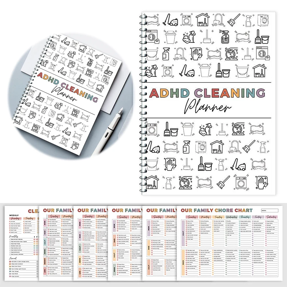 청소 계획 일정 ADHD 청소 플래너 가정 및 가족 청소 작업을 위한 청소 일정 및 체크리스트 정리 도구