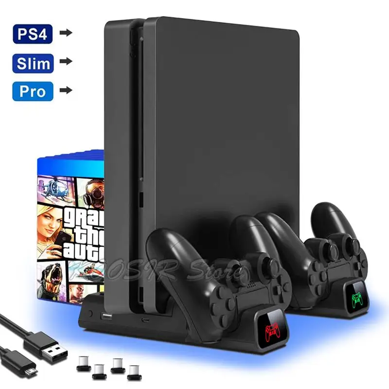 

New Vertical Cooling Stand Dual Controller Charger For Playstation 4 PS4 PRO SLIM Console Play Station PS 4 2 Cooler 10 Disc