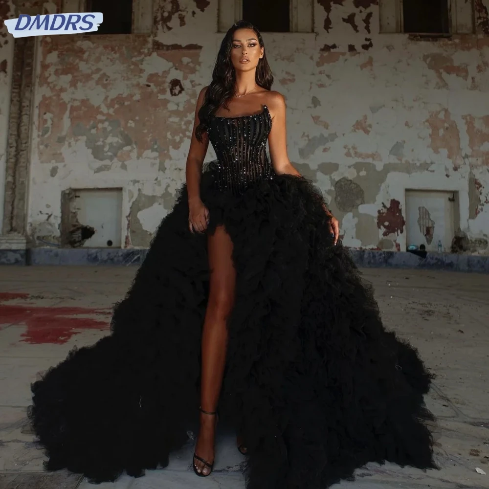

Sexy Strapless Side High Slit Cocktail Dresses Sparkly Beads Evening Dress 2024 Black A-line Pleat Long Prom Gown Robe De Mariée