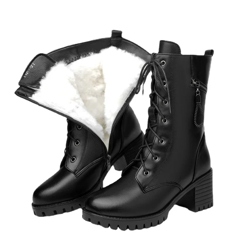 

ZXRYXGS 2023 New Cross Strap Side Zipper in-tube Genuine Leather Boots Warm Plush Wool Boots Women's Snow Boots Black Large Size