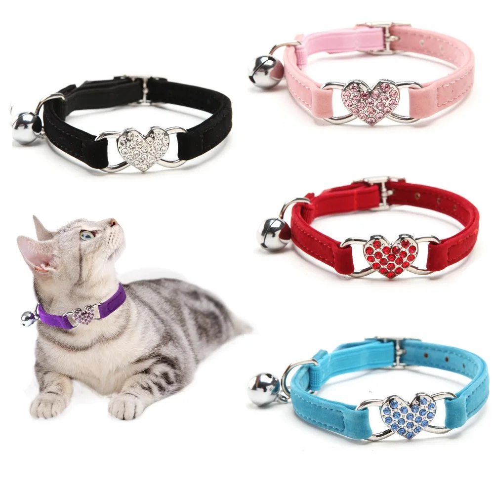 Heart Charm and Bell Cat Collar Safety Elastic Adjustable with Soft Velvet Material 5 Colors Pet