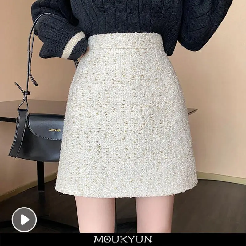 

MOUKYUN Purple Tweed Skirts Women Pencil Bodycon High Waist Skirts Vintage Autumn Winter Slim Korean Elegant Short Mini Skirt