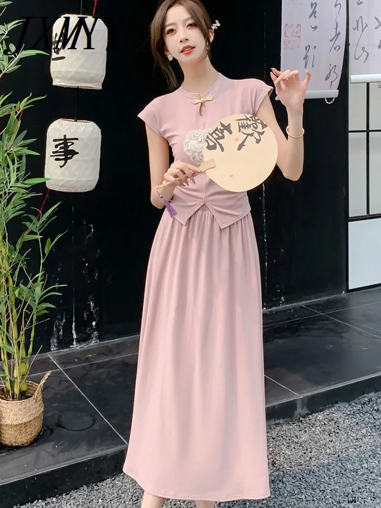 

JXMYY 2024 Летний Новый Модный Элегантный темпераментный китайский вышивкой с принтом летающий рукав Топ Юбка-костюм платье
