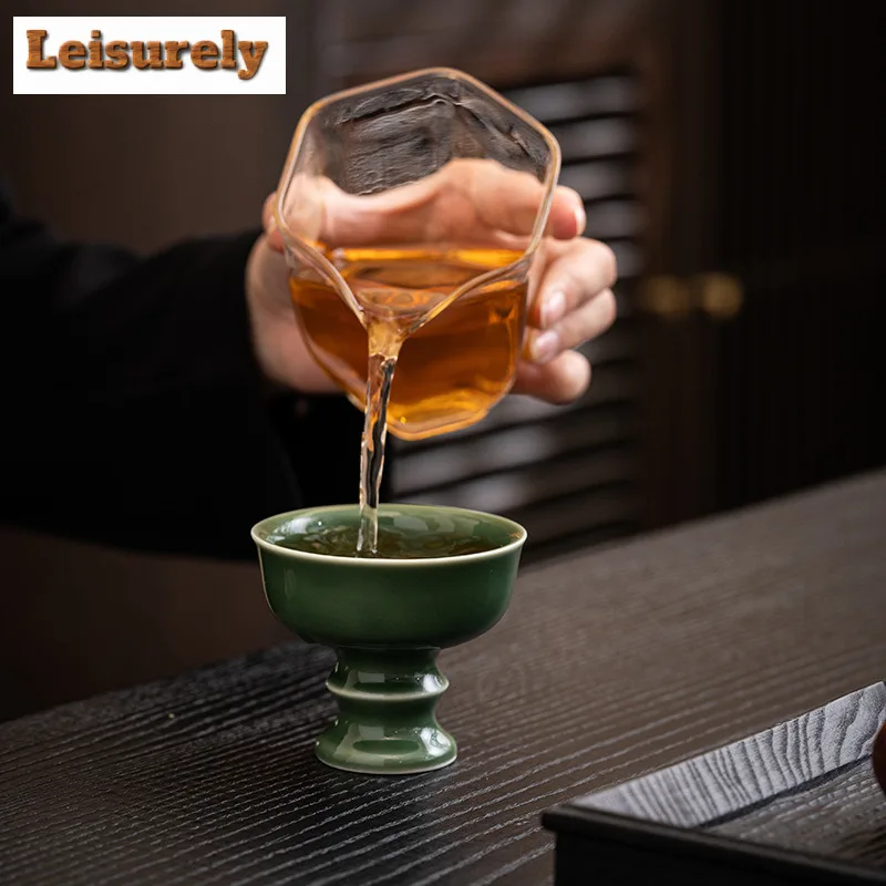 Handmade Ice Gray Green Glass Ceramic Teacup Imitation Song Dynasty High Foot Tea Cup Personal Master Cup Home Kung Fu Teawre