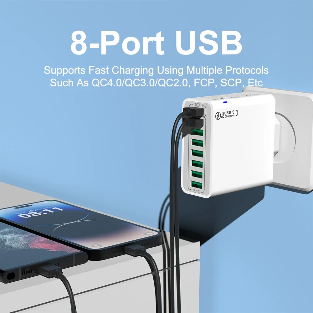 65W 8 Ports USB C PD Charger Quick Charge 3.0 USB Phone Chargers Fast Charging For iPhone 13 14 Samsung Xiaomi 14 Huawei Adapter