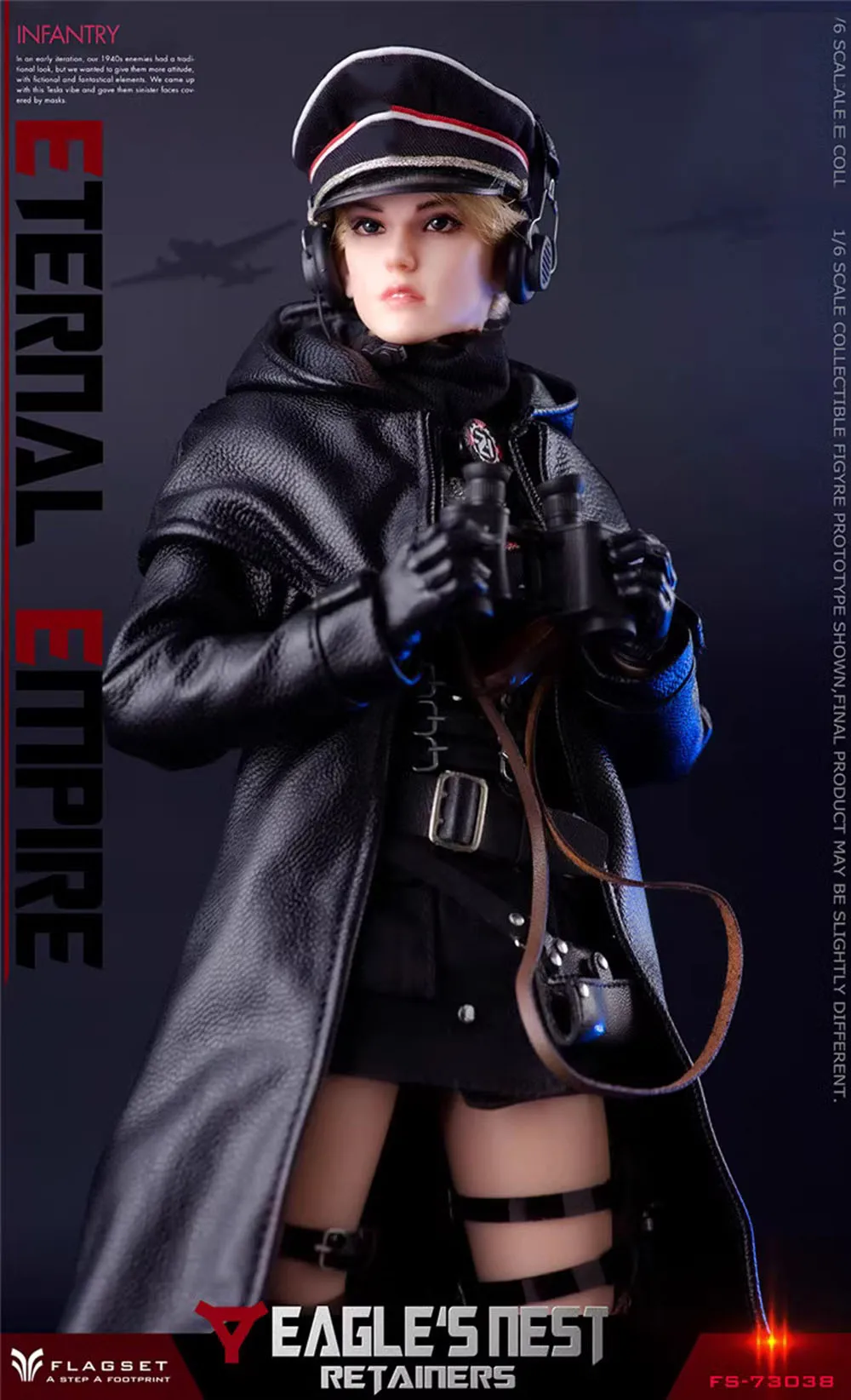 

Flagset FS 73038 WWII Empire Female Soldier Guard Martina Black Leather Long Coat Waist Belt Accessories For 12" Action Doll 1/6