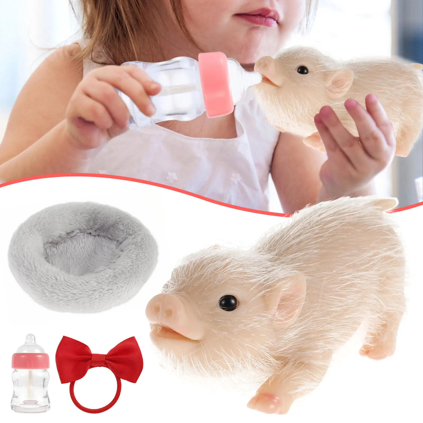Silicone Pig Doll Toy Pig Bowknot Nursing Bottle Sleeping Pad Mini Soft Lifelike Animal Doll Cute Realistic Reborn doll accessories,bjd dolls,reborn dolls